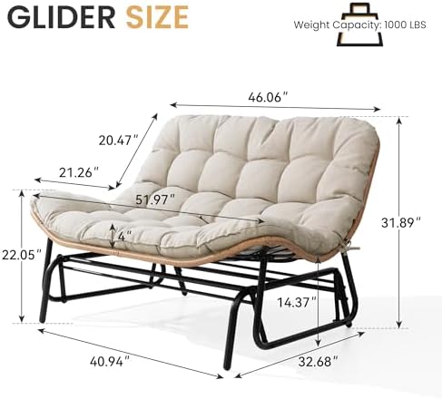 Outdoor Glider Bench 2-Person Rattan Patio Glider with Soft Cushion(Beige) - Image 3