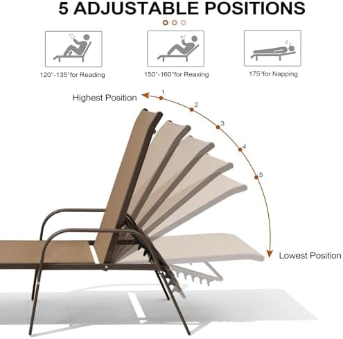 Crestlive Products Chaise Lounge Chair Outdoor with Armrests, Pool Lounge Chairs Set of 2, Aluminum Adjustable 5 Positions Sun Tanning Lounger for Patio, Poolside, Yard, Deck, Backyard (Brown) - Image 5