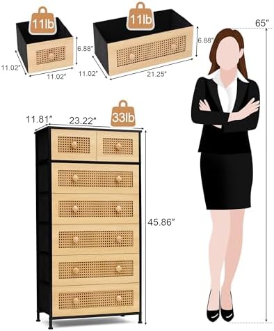 Crestlive Products Rattan Dresser Tall Storage Tower, Chests of Drawers, Easy Pull Fabric Bins, Wood Handles - Organizer Unit for Bedroom, Entryway, Closets - 7 Natural Drawers, Black Top & Frame - Image 4
