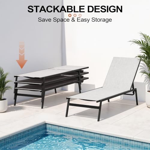 Pool Lounge Chair Set of 2, Stackable Outdoor Lounge Chairs (Oatmeal Gray) - Image 4
