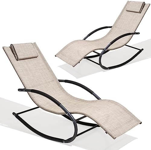 Crestlive Products Patio Rocking Chair Curved Rocker Chaise Lounge Chair with Pillow for Beach Yard Pool Outdoor Indoor, Gray Steel Frame (2 PCS Beige) - Image 4