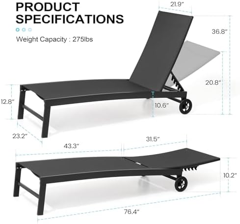 Pool Lounge Chairs with Wheels, Chaise Lounge Outdoor Set of 2 (Black) - Image 3