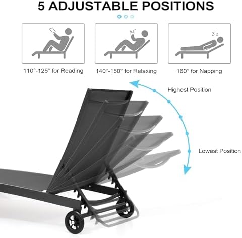 Pool Lounge Chairs with Wheels, Chaise Lounge Outdoor Set of 2 (Black) - Image 6