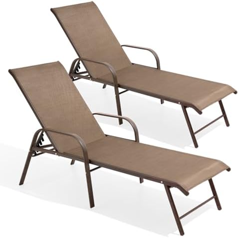Crestlive Products Chaise Lounge Chair Outdoor with Armrests, Pool Lounge Chairs Set of 2, Aluminum Adjustable 5 Positions Sun Tanning Lounger for Patio, Poolside, Yard, Deck, Backyard (Brown) - Image 2