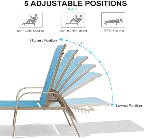 Crestlive Products Chaise Lounge Chair Outdoor with Armrests, Pool Lounge Chairs Set of 2, Aluminum Adjustable 5 Positions Sun Tanning Lounger for Patio, Poolside, Yard, Deck, Backyard (Blue) - Image 6