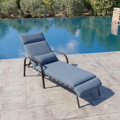 Lounge Chair Outdoor with Cushion & Pillow, Pool Chaise Chairs (Dark Blue) - Image 2