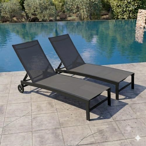 Pool Lounge Chairs with Wheels, Chaise Lounge Outdoor Set of 2 (Black) - Image 2