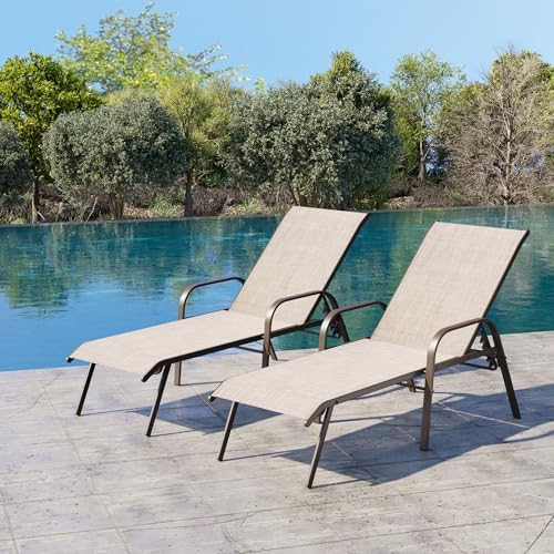 Chaise Lounge Chair Outdoor, Pool Chairs Set of 2 with Armrests (Beige) - Image 2