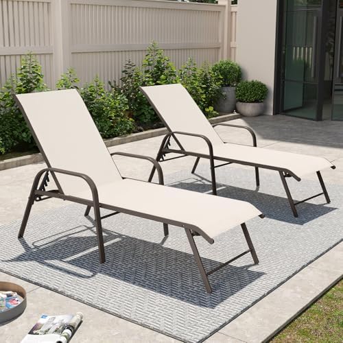 Crestlive Products Chaise Lounge Chair Outdoor with Armrests, Pool Lounge Chairs Set of 2, Aluminum Adjustable 5 Positions Sun Tanning Lounger for Patio, Poolside, Yard, Deck, Backyard (Champagne) - Image 3