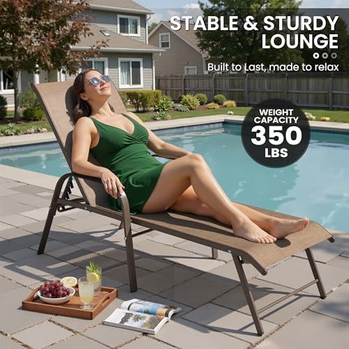 Crestlive Products Chaise Lounge Chair Outdoor with Armrests, Pool Lounge Chairs Set of 2, Aluminum Adjustable 5 Positions Sun Tanning Lounger for Patio, Poolside, Yard, Deck, Backyard (Brown) - Image 7