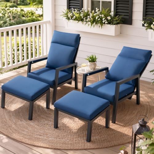 Aluminum Outdoor Patio Chairs with Ottoman Set of 2, Pneumatic, Navy Blue - Image 2