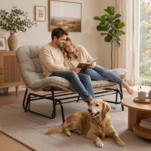 Outdoor Glider Bench 2-Person Rattan Patio Glider with Soft Cushion(Beige) - Image 7