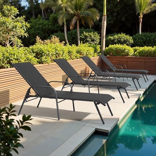 Crestlive Products Outdoor Chaise Lounge Chair, 5-Position Pool Lounge Chairs with Armrests Sunbathing Recliner for Patio, Beach, Deck, Yard (4PC Black) - Image 2