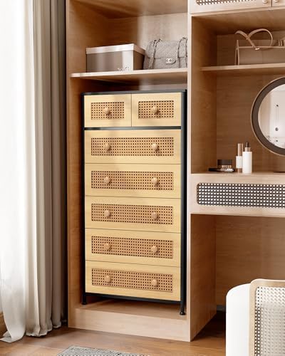Crestlive Products Rattan Dresser Tall Storage Tower, Chests of Drawers, Easy Pull Fabric Bins, Wood Handles - Organizer Unit for Bedroom, Entryway, Closets - 7 Natural Drawers, Black Top & Frame - Image 5