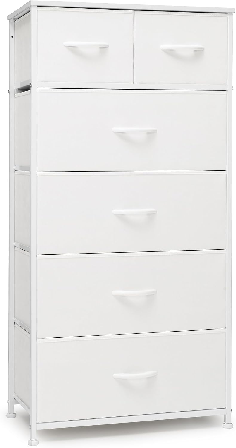 Tall Dresser for Bedroom, 6 Drawers Vertical Fabric Dresser (White)