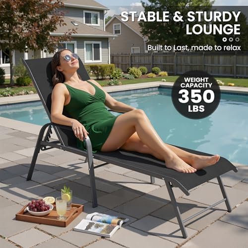 Crestlive Products Lounge Chair Outdoor with Armrests, Pool Lounge Chairs Set of 2, Aluminum Adjustable 5 Positions Tanning Chairs for Outside, Patio, Poolside, Yard, Deck, Backyard (Black) - Image 7