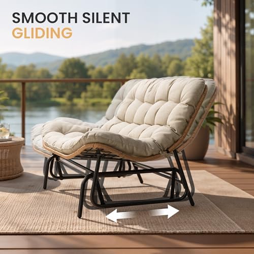 Outdoor Glider Bench 2-Person Rattan Patio Glider with Soft Cushion(Beige) - Image 4