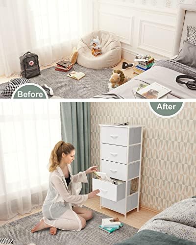 Tall Dresser Vertical Fabric Storage Tower Organizer, 5 Drawers (White) - Image 5
