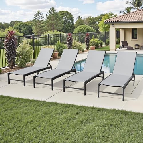 Crestlive Products Chaise Lounge Chair Outdoor Set of 4, Adjustable 5 Positions Pool Lounge Chairs, Metal Tanning Recliner, Outdoor Furniture All Weather for Patio, Beach, Yard, Pool(Light Grey) - Image 2