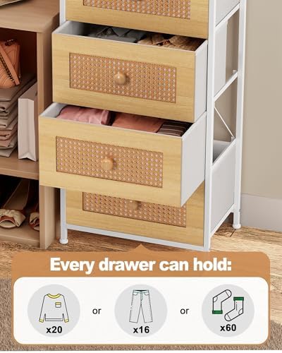 Crestlive Products Rattan Dresser, Tall Fabric Storage Tower, Chests of Drawers with Handles - Organizer Unit for Bedroom, Hallway, Entryway, Closets - 5 Drawers (Natural Drawers, White Top & Frame) - Image 5