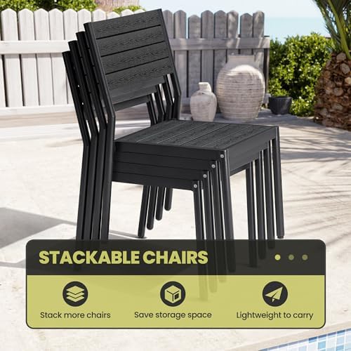 Crestlive Products Stackable Outdoor Dining Chairs Set of 2, All Weather Armless Patio Chairs with Aluminum Frame Woodgrain Seat and Back for Lawn Garden Backyard Deck Porch Yard, Black - Image 4