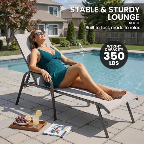 Crestlive Outdoor Chaise Lounge Chair,5-Position Pool Lounge Chairs with Armrests Sunbathing Recliner for Patio,Beach,Deck,Yard (2PC Beige) - Image 7
