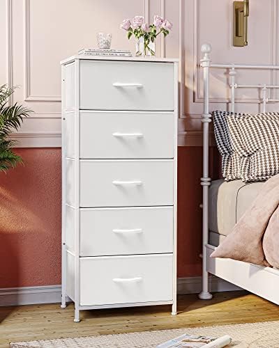 Tall Dresser Vertical Fabric Storage Tower Organizer, 5 Drawers (White) - Image 3
