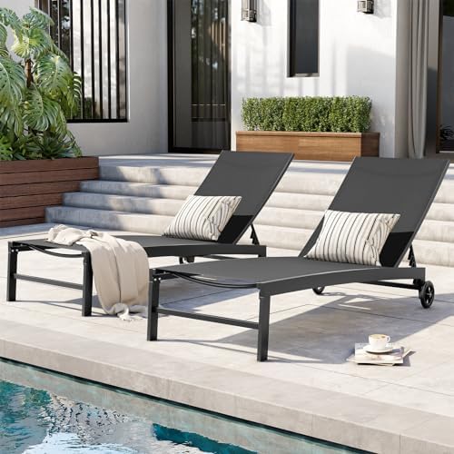 Pool Lounge Chairs with Wheels, Chaise Lounge Outdoor Set of 2 (Black) - Image 4