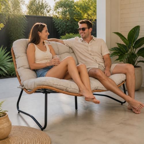 Outdoor Loveseat with Soft Cushion,Boho Rattan Patio 2-Seat Sofa (Beige) - Image 4