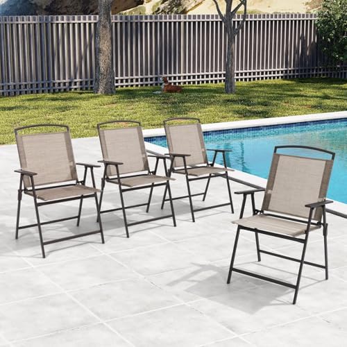Crestlive Products Set of 4 Patio Folding Chairs 4-Pack Dining Chairs Outdoor Portable Sling with Armrest for Camping, Beach, Garden, Pool, Backyard, Deck (Beige) - Image 2