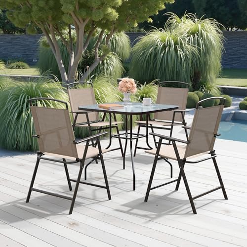 Crestlive Products Set of 4 Patio Folding Chairs 4-Pack Dining Chairs Outdoor Portable Sling with Armrest for Camping, Beach, Garden, Pool, Backyard, Deck (Beige) - Image 6