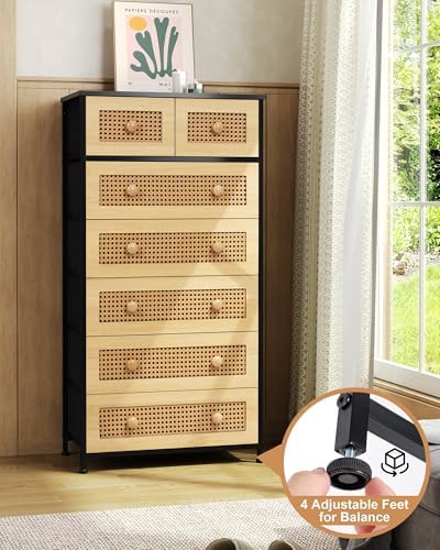 Crestlive Products Rattan Dresser Tall Storage Tower, Chests of Drawers, Easy Pull Fabric Bins, Wood Handles - Organizer Unit for Bedroom, Entryway, Closets - 7 Natural Drawers, Black Top & Frame - Image 7