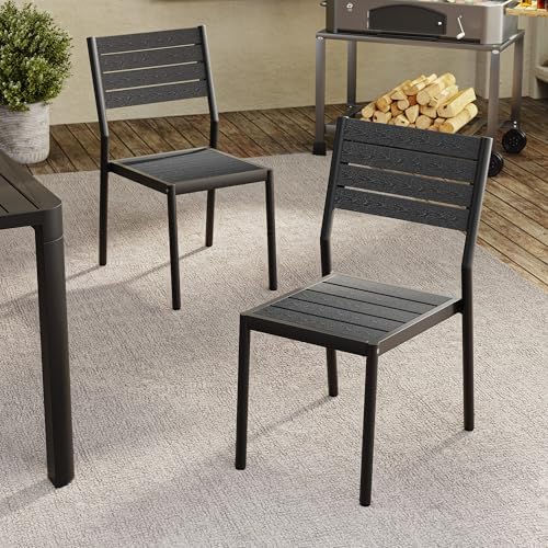 Crestlive Products Stackable Outdoor Dining Chairs Set of 2, All Weather Armless Patio Chairs with Aluminum Frame Woodgrain Seat and Back for Lawn Garden Backyard Deck Porch Yard, Black - Image 7