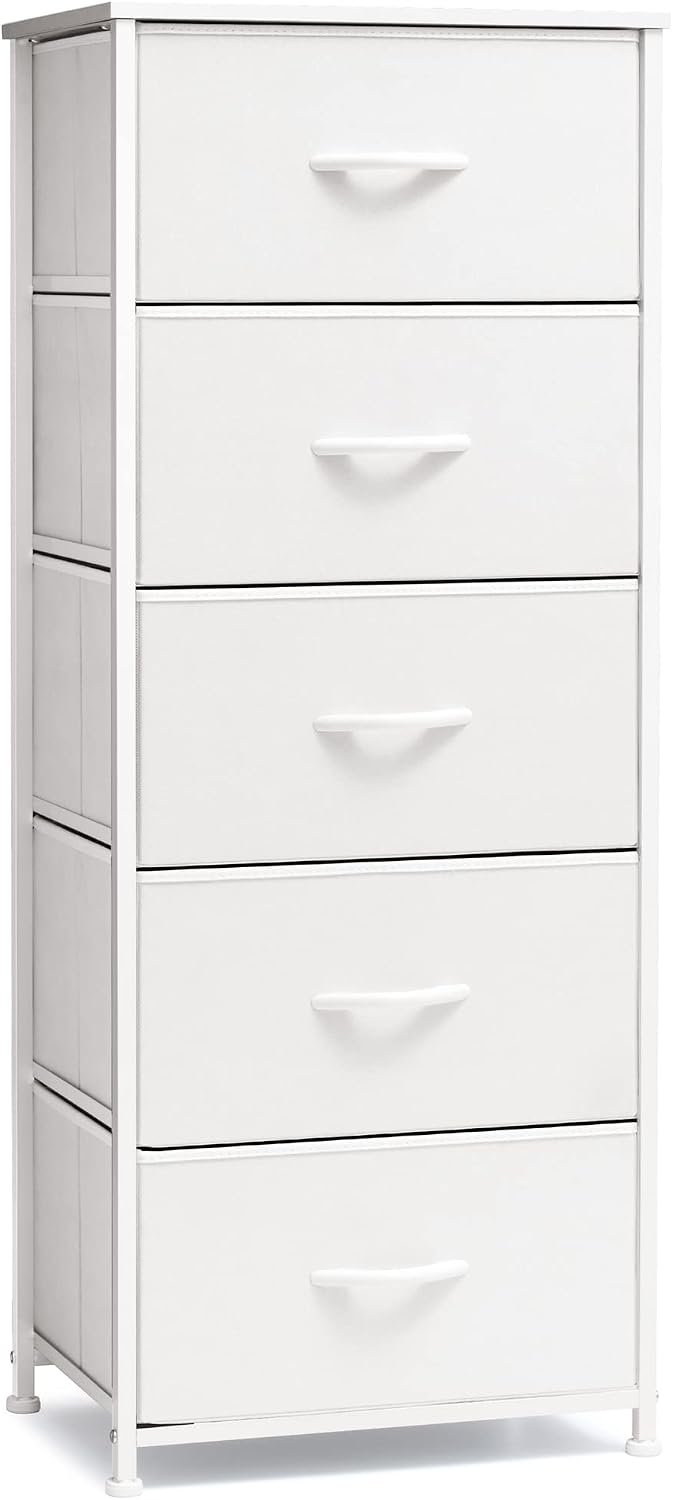 Tall Dresser Vertical Fabric Storage Tower Organizer, 5 Drawers (White)