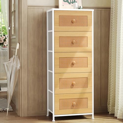Crestlive Products Rattan Dresser, Tall Fabric Storage Tower, Chests of Drawers with Handles - Organizer Unit for Bedroom, Hallway, Entryway, Closets - 5 Drawers (Natural Drawers, White Top & Frame) - Image 2
