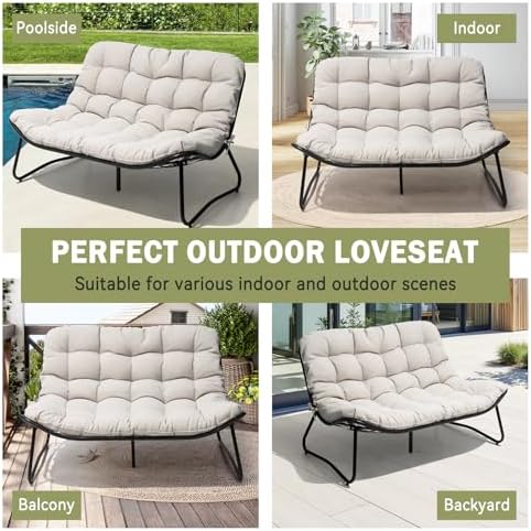 Outdoor Loveseat with Soft Cushion,Patio 2-Seat Boho Sofa (Beige) - Image 6