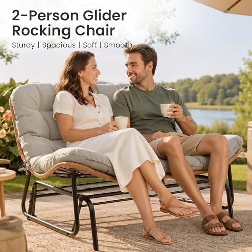 Outdoor Glider Bench 2-Person Rattan Patio Glider with Soft Cushion(Beige) - Image 6