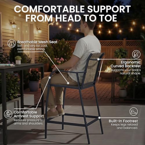 Outdoor Bar Table and Chairs Set of 3, Mesh Seat Patio Counter Stools - Image 4