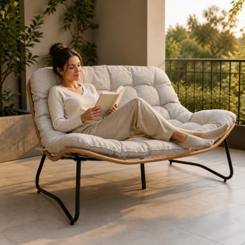 Outdoor Loveseat with Soft Cushion,Boho Rattan Patio 2-Seat Sofa (Beige) - Image 5