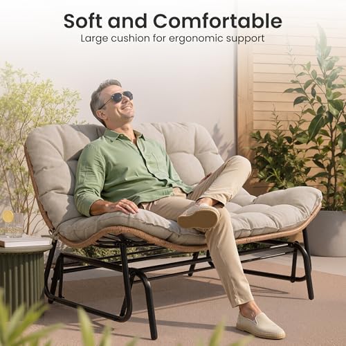 Outdoor Glider Bench 2-Person Rattan Patio Glider with Soft Cushion(Beige) - Image 5