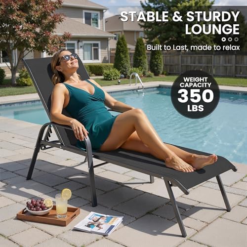 Crestlive Products Outdoor Chaise Lounge Chair, 5-Position Pool Lounge Chairs with Armrests Sunbathing Recliner for Patio, Beach, Deck, Yard (4PC Black) - Image 7