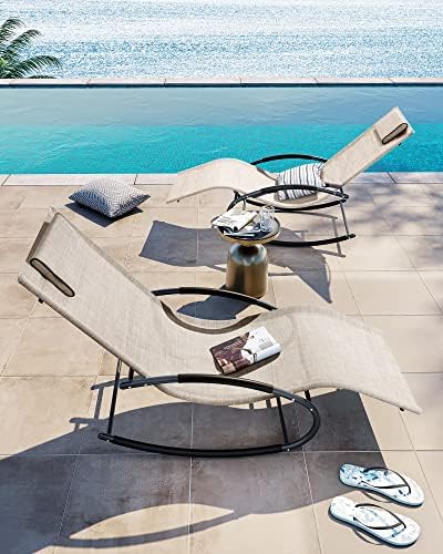 Crestlive Products Patio Rocking Chair Curved Rocker Chaise Lounge Chair with Pillow for Beach Yard Pool Outdoor Indoor, Gray Steel Frame (2 PCS Beige) - Image 2