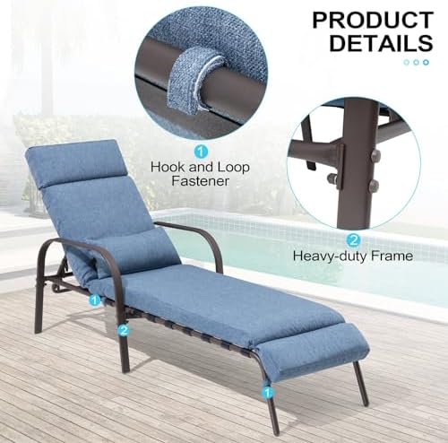 Lounge Chair Outdoor with Cushion & Pillow, Pool Chaise Chairs (Dark Blue) - Image 5