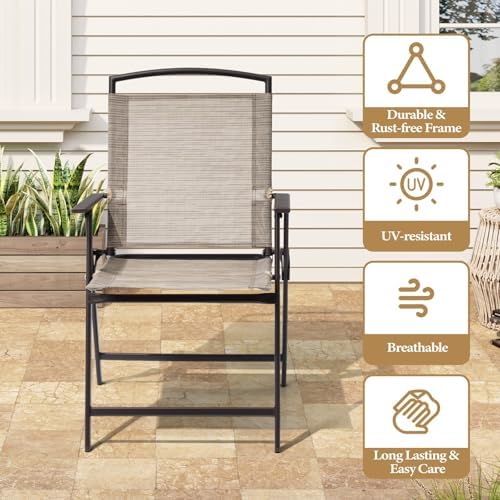 Crestlive Products Set of 4 Patio Folding Chairs 4-Pack Dining Chairs Outdoor Portable Sling with Armrest for Camping, Beach, Garden, Pool, Backyard, Deck (Beige) - Image 5