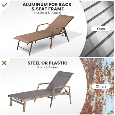 Crestlive Products Chaise Lounge Chair Outdoor with Armrests, Pool Lounge Chairs Set of 2, Aluminum Adjustable 5 Positions Sun Tanning Lounger for Patio, Poolside, Yard, Deck, Backyard (Brown) - Image 4