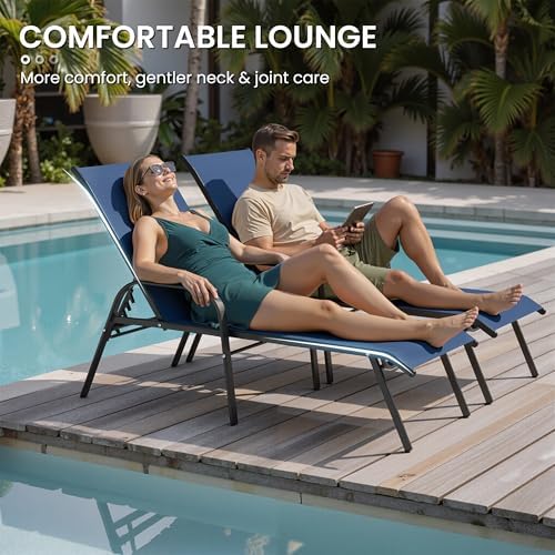 Crestlive Products Outdoor Chaise Lounge Chair, 5-Position Pool Lounge Chairs with Armrests Sunbathing Recliner for Patio, Beach, Deck, Yard (4PC Navy) - Image 7