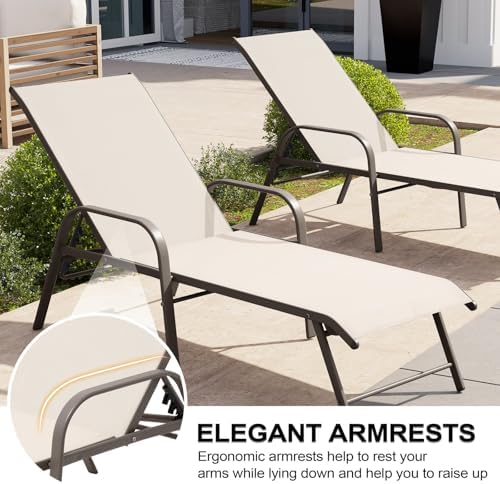 Crestlive Products Chaise Lounge Chair Outdoor with Armrests, Pool Lounge Chairs Set of 2, Aluminum Adjustable 5 Positions Sun Tanning Lounger for Patio, Poolside, Yard, Deck, Backyard (Champagne) - Image 7