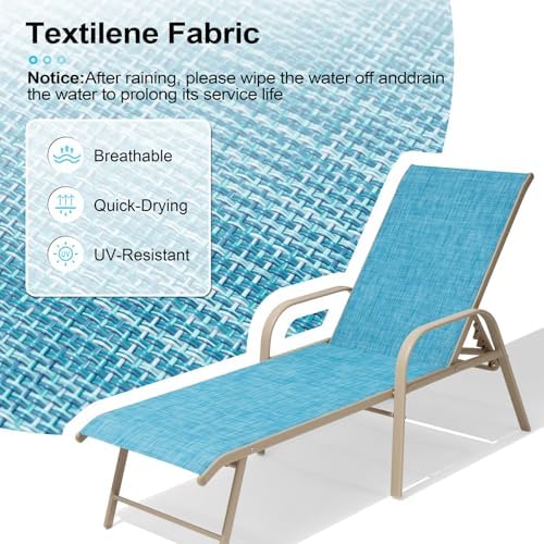 Crestlive Products Chaise Lounge Chair Outdoor with Armrests, Pool Lounge Chairs Set of 2, Aluminum Adjustable 5 Positions Sun Tanning Lounger for Patio, Poolside, Yard, Deck, Backyard (Blue) - Image 7