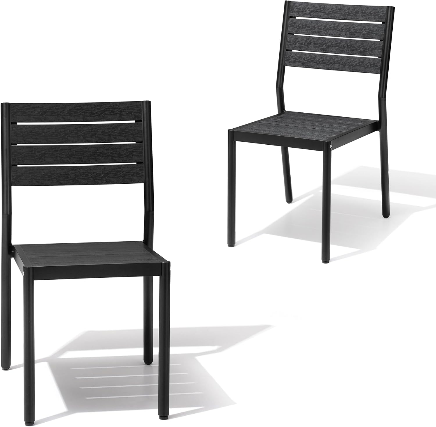 Crestlive Products Stackable Outdoor Dining Chairs Set of 2, All Weather Armless Patio Chairs with Aluminum Frame Woodgrain Seat and Back for Lawn Garden Backyard Deck Porch Yard, Black