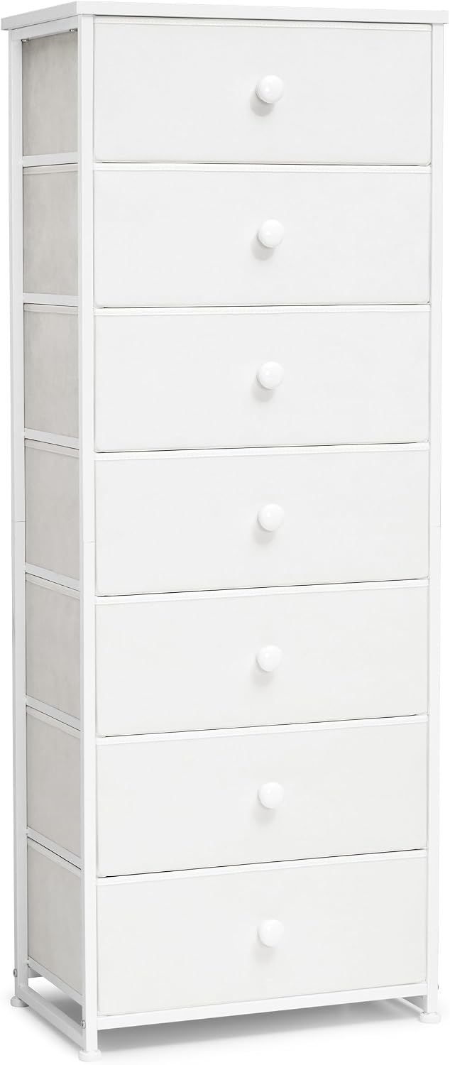 Fabric Dresser for Bedroom, 7-Drawer Tall Vertical Storage Tower (White)
